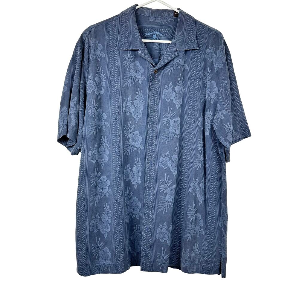 Tommy Bahama Silk Button Front Hawaiian Shirt Blue Large Resortwear
